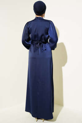 Büzgü Kuşaklı Basic Saten Elbise Lacivert - Tesettür Elbise