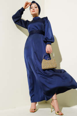 Büzgü Kuşaklı Basic Saten Elbise Lacivert 