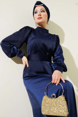 Büzgü Kuşaklı Basic Saten Elbise Lacivert - Tesettür Elbise