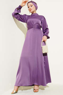 Büzgü Kuşaklı Basic Saten Elbise Lila 