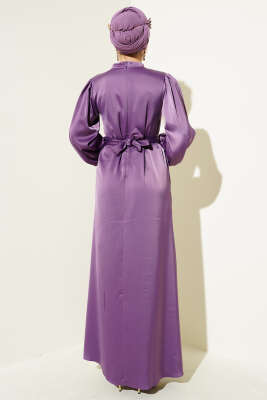 Büzgü Kuşaklı Basic Saten Elbise Lila - Tesettür Elbise