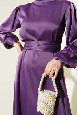 Büzgü Kuşaklı Basic Saten Elbise Lila - Tesettür Elbise