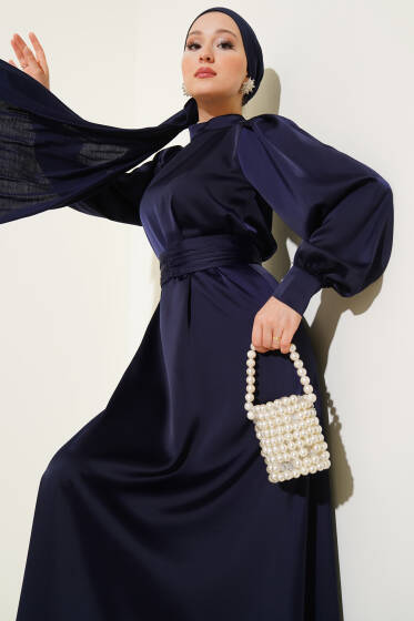 Büzgü Kuşaklı Basic Saten Elbise Parlement - Tesettür Elbise