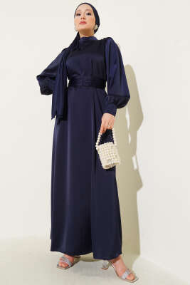 Büzgü Kuşaklı Basic Saten Elbise Parlement - Tesettür Elbise