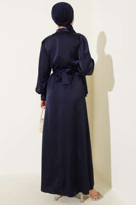 Büzgü Kuşaklı Basic Saten Elbise Parlement - Tesettür Elbise