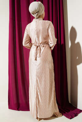 Büzgü Piliseli Kuşaklı Elbise Bej - Tesettür Elbise