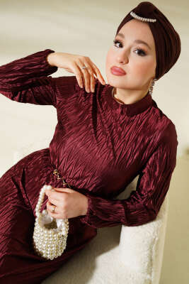 Büzgü Piliseli Kuşaklı Elbise Bordo - Tesettür Elbise