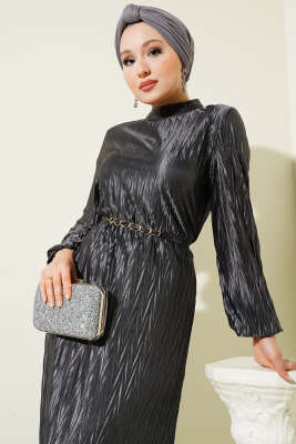 Büzgü Piliseli Kuşaklı Elbise Füme - Tesettür Elbise