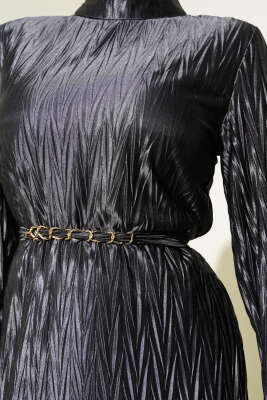 Büzgü Piliseli Kuşaklı Elbise Füme - Tesettür Elbise