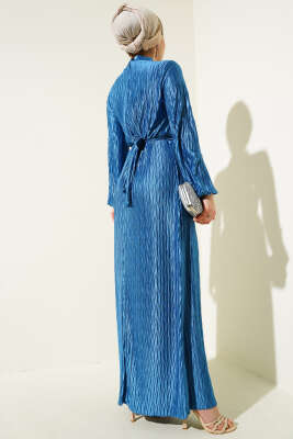 Büzgü Piliseli Kuşaklı Elbise İndigo - Tesettür Elbise