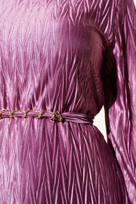 Büzgü Piliseli Kuşaklı Elbise Lila - Tesettür Elbise