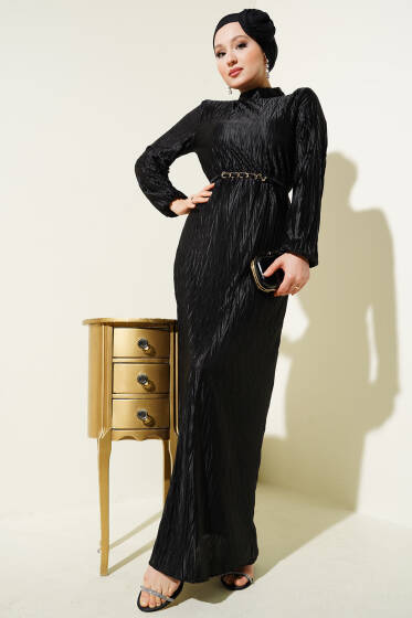 Büzgü Piliseli Kuşaklı Elbise Siyah - Elbise