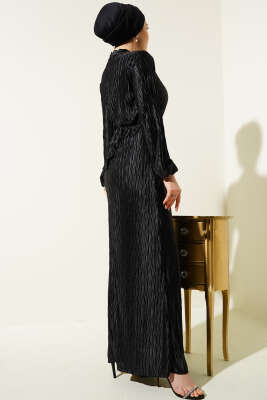 Büzgü Piliseli Kuşaklı Elbise Siyah - Tesettür Elbise