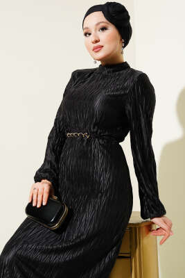 Büzgü Piliseli Kuşaklı Elbise Siyah - Tesettür Elbise