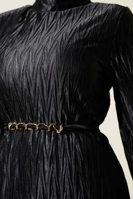 Büzgü Piliseli Kuşaklı Elbise Siyah - Tesettür Elbise