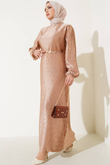 Büzgü Pliseli Kuşaklı Elbise Bej - Elbise