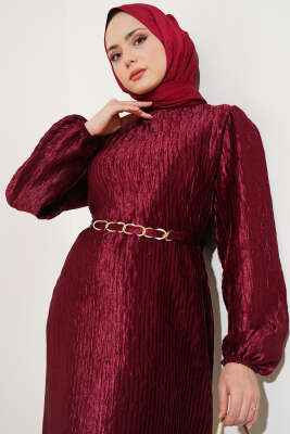 Büzgü Pliseli Kuşaklı Elbise Bordo - Tesettür Elbise