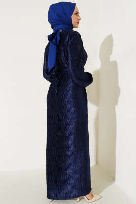Büzgü Pliseli Kuşaklı Elbise Lacivert - Tesettür Elbise