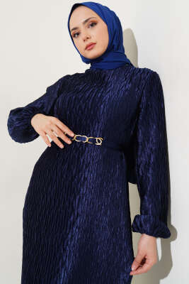 Büzgü Pliseli Kuşaklı Elbise Lacivert - Tesettür Elbise