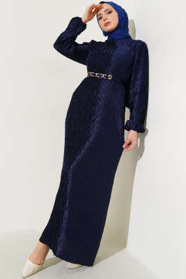Büzgü Pliseli Kuşaklı Elbise Lacivert 