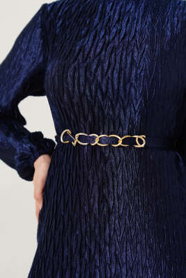 Büzgü Pliseli Kuşaklı Elbise Lacivert - Tesettür Elbise