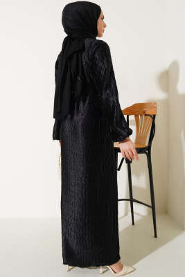 Büzgü Pliseli Kuşaklı Elbise Siyah - Tesettür Elbise