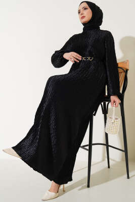 Büzgü Pliseli Kuşaklı Elbise Siyah 