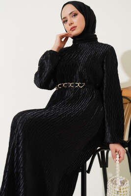 Büzgü Pliseli Kuşaklı Elbise Siyah - Tesettür Elbise