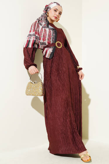 Büzgü Pliseli Saten Görünümlü Elbise Bordo - Elbise