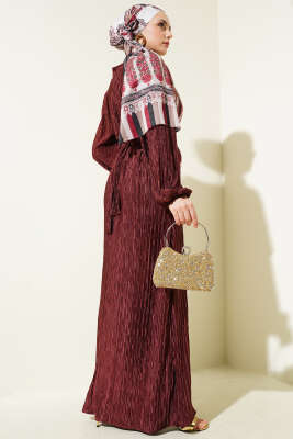 Büzgü Pliseli Saten Görünümlü Elbise Bordo - Tesettür Elbise