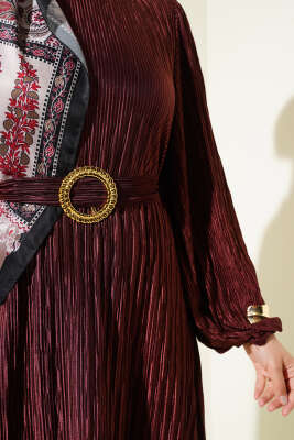 Büzgü Pliseli Saten Görünümlü Elbise Bordo - Tesettür Elbise