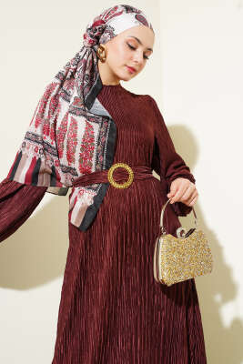 Büzgü Pliseli Saten Görünümlü Elbise Bordo - Tesettür Elbise