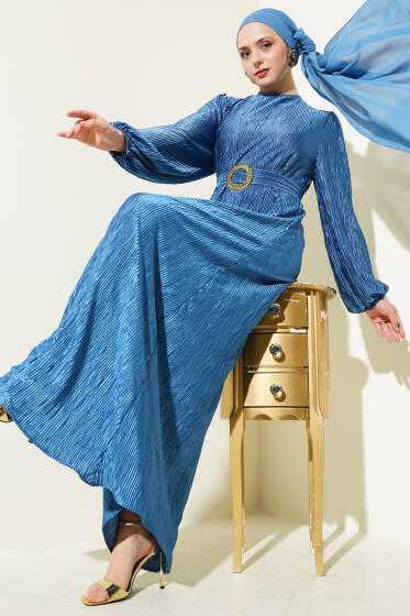 Büzgü Pliseli Saten Görünümlü Elbise İndigo - Tesettür Elbise