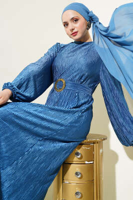 Büzgü Pliseli Saten Görünümlü Elbise İndigo - Tesettür Elbise