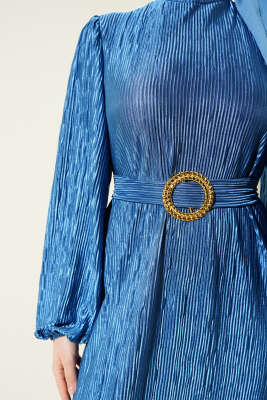 Büzgü Pliseli Saten Görünümlü Elbise İndigo - Tesettür Elbise