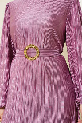 Büzgü Pliseli Saten Görünümlü Elbise Lila - Tesettür Elbise