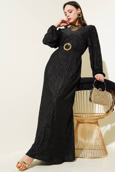 Büzgü Pliseli Saten Görünümlü Elbise Siyah - Elbise