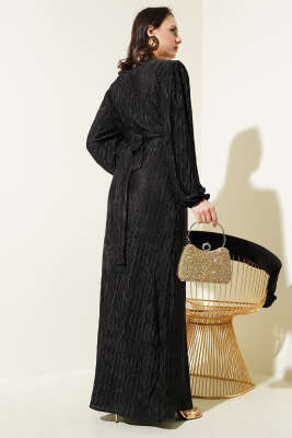 Büzgü Pliseli Saten Görünümlü Elbise Siyah - Tesettür Elbise