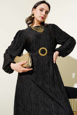 Büzgü Pliseli Saten Görünümlü Elbise Siyah - Tesettür Elbise