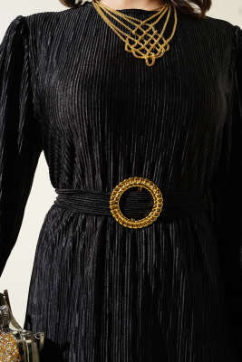 Büzgü Pliseli Saten Görünümlü Elbise Siyah - Tesettür Elbise