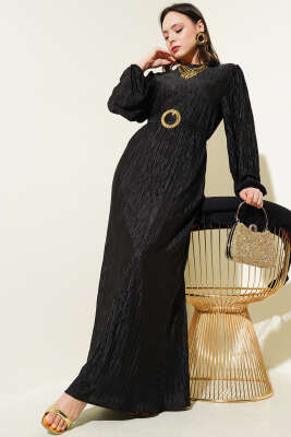 Büzgü Pliseli Saten Görünümlü Elbise Siyah 