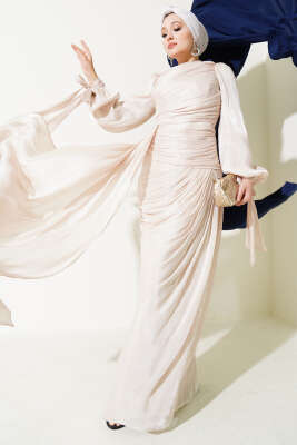 Büzgü Şifon Abiye Elbise Bej - Tesettür Elbise