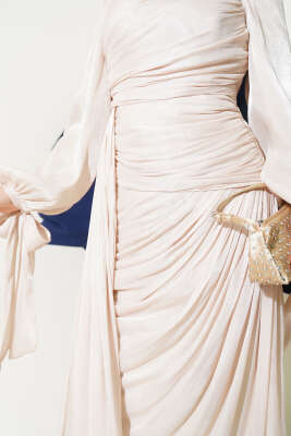 Büzgü Şifon Abiye Elbise Bej - Tesettür Elbise