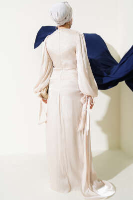 Büzgü Şifon Abiye Elbise Bej - Tesettür Elbise