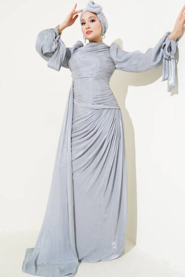 Büzgü Şifon Abiye Elbise Gri - Elbise