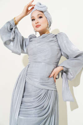 Büzgü Şifon Abiye Elbise Gri - Tesettür Elbise