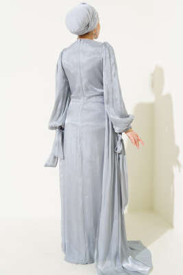 Büzgü Şifon Abiye Elbise Gri - Tesettür Elbise