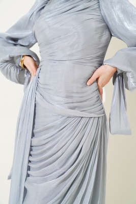 Büzgü Şifon Abiye Elbise Gri - Tesettür Elbise