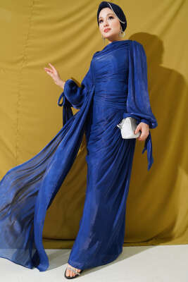 Büzgü Şifon Abiye Elbise Lacivert - Tesettür Elbise