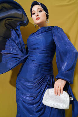 Büzgü Şifon Abiye Elbise Lacivert 